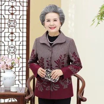 

Middle Aged Women Jacket Coat Spring Autumn Long Sleeve Hooded Coat Casual Printing Pocket Female Loose Outwear Plus Size