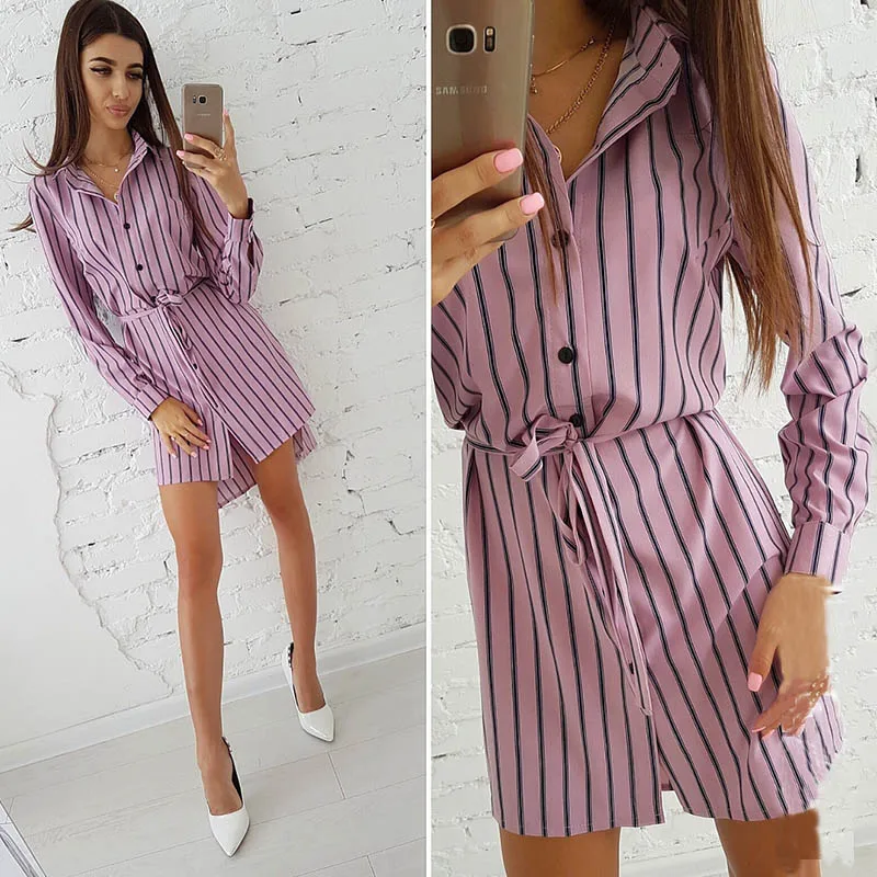 

2019 Summer Women's Striped Button Shirt Dress Loose Beach Irregular Dress Casual Turn-down Collar Mini Dresses Plus Size 4XL
