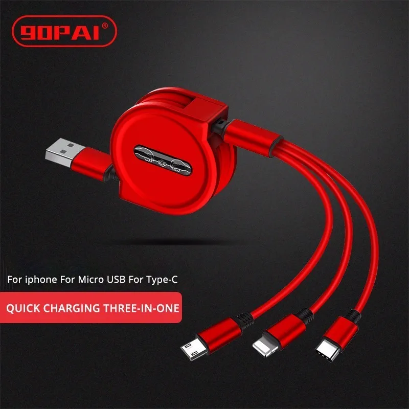 90PAI Retractable Charger Quick Charge 3-in-one Charging Cable Telescopic Charging Rate For Xiaomi For iphone For Type-C For HTC 90PAI Retractable Charger Quick Charge 3-in-one Charging Cable Telescopic Charging Rate For Xiaomi For iphone For Type-C For HTC