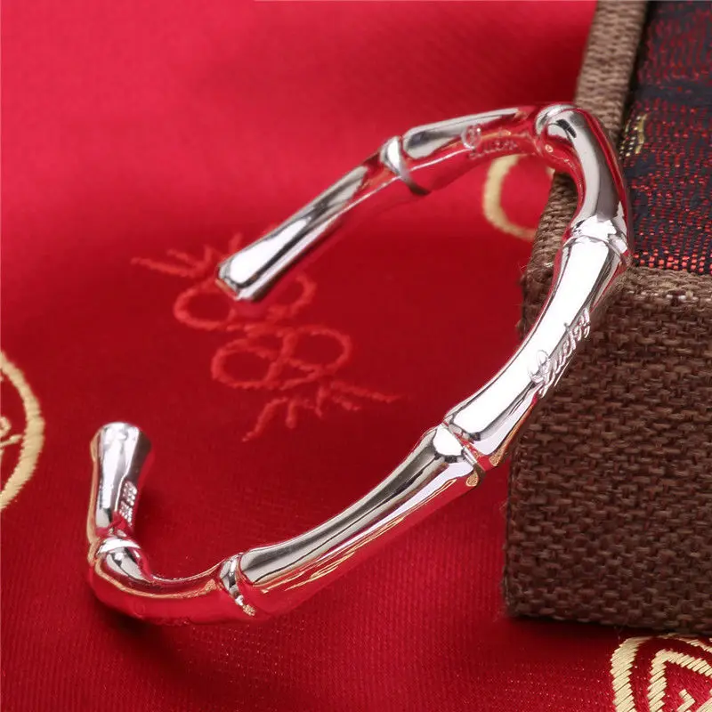 

NEW CERTIFIED S999 Sterling Silver Bamboo Shape Cuff Bangle 43g
