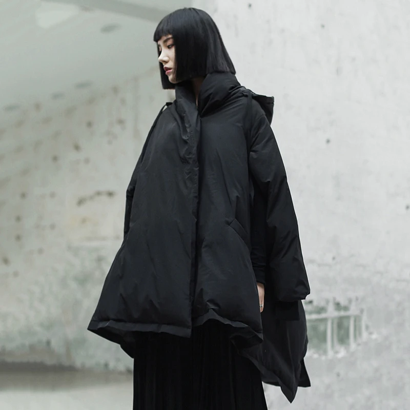 [EAM] 2019 New Spring Hooded Long Sleeve Black Loose Dovetail Large Size Cotton-padded Coat Women Parkas Fashion JK109