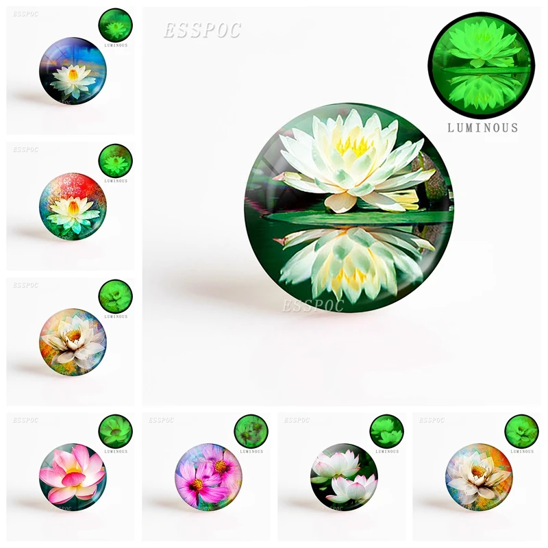 

5pcs/set Fashion Lotus Flower Photo Luminous Glass Cabochon 25MM DIY Personality Jewelry Making Supply Craft Supplies