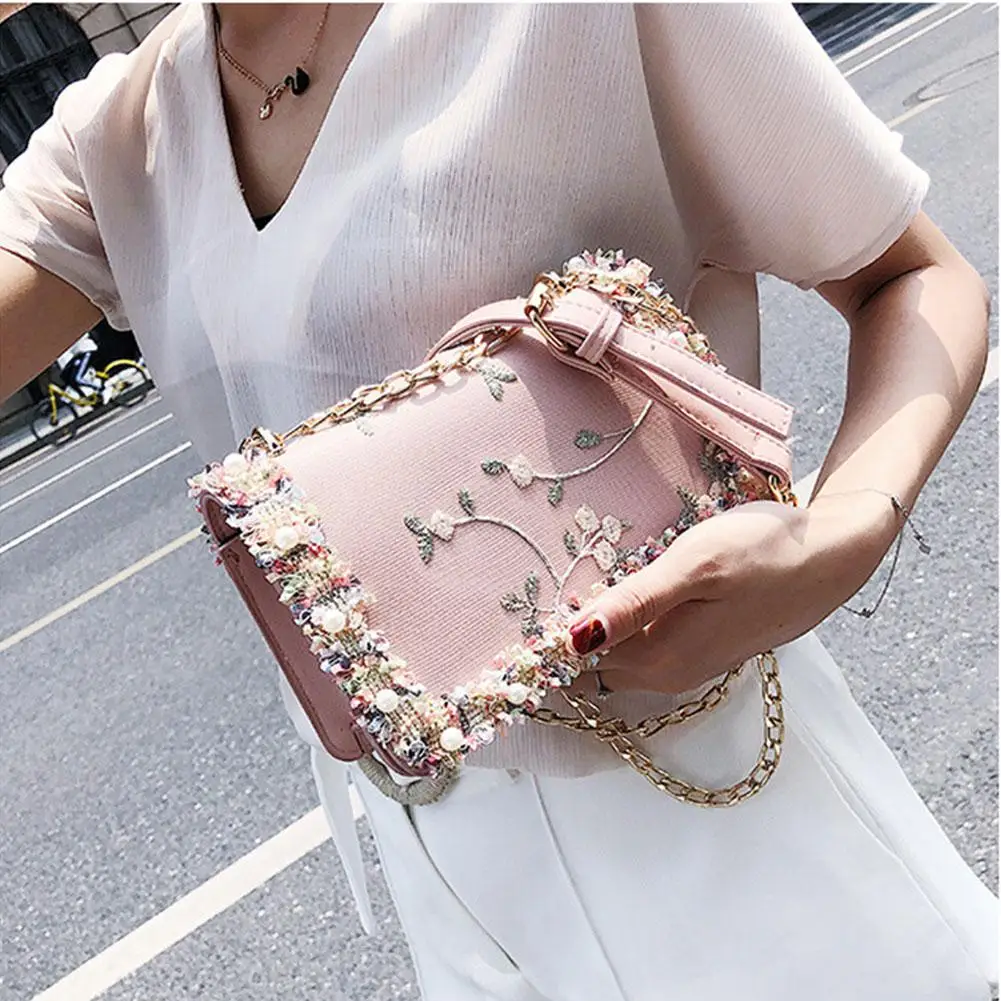 PinShang Women Elegant Lace Flowers Single Shoulder Bag Portable Casual All-match Chain Bag