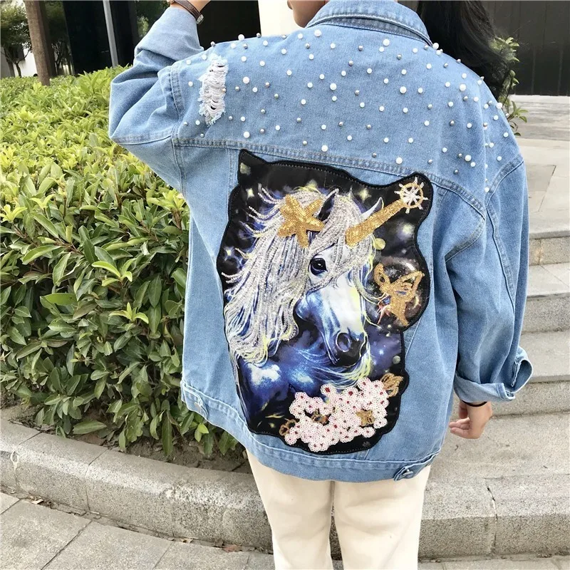 Pearl Dotted Unicorn Patch Denim Jacket Women Tearing Hole Sequin Lapel