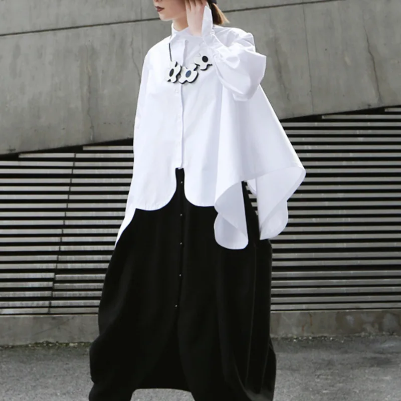 

[EWQ] 2019 New Spring Summer Lapel Long Sleeve White Irregular Hem Cut Stitch Irregular Big Size Shirt Women Blouse JO195