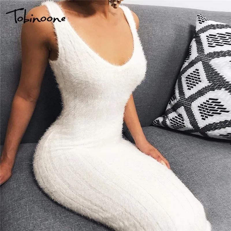 

Tobinoone Knitted bodycon sexy party dress Women white elegant warm slim dress Female vintage v neck club winter dress vestido