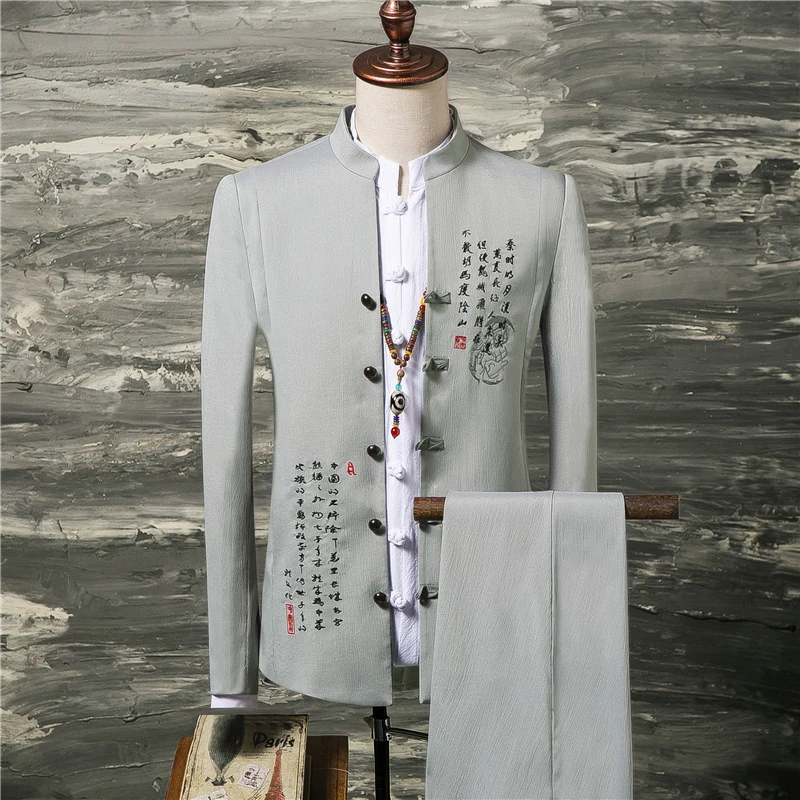 Autumn New Mens Suit 2 Piece Set ( suit Jacket and Pants ) Chinese Style Embroidery men Blazer Coat and Trousers Men S-4XL