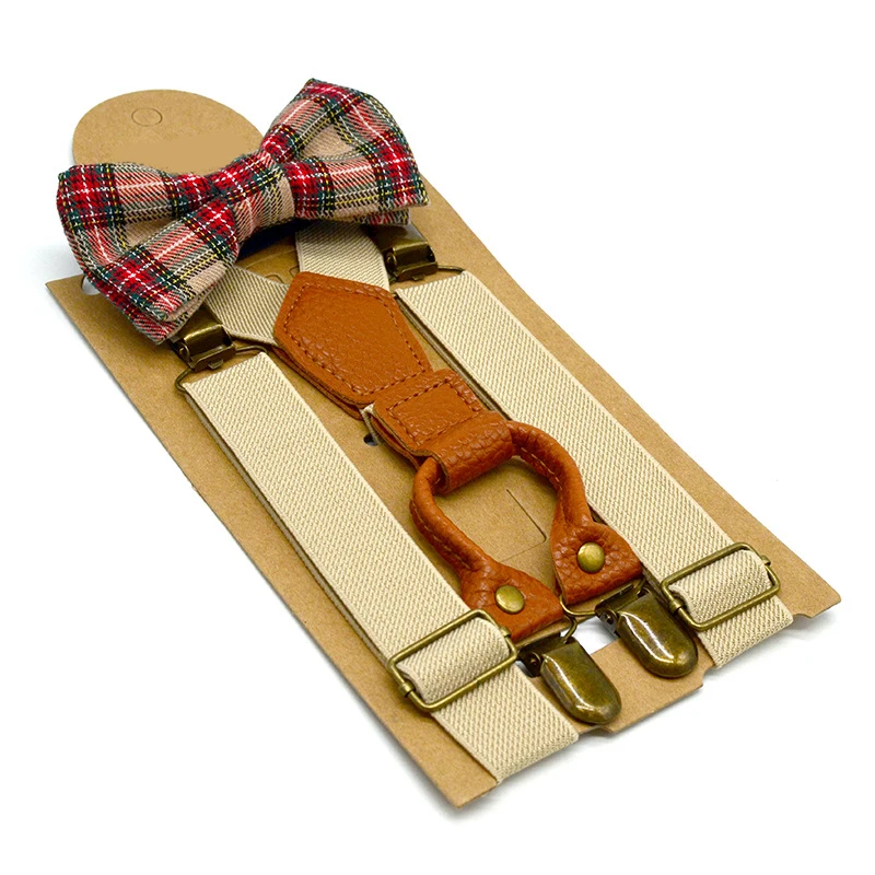 

Children's British style solid color strap clip bow tie set elastic elastic strap 4 clip hanging pants clip