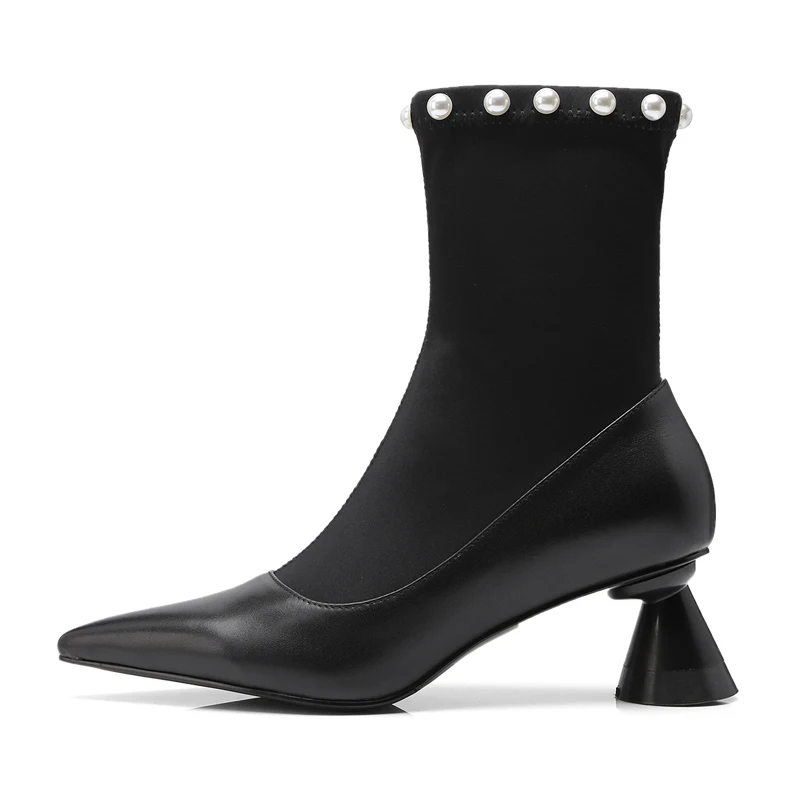 

Women's Winter Ankle Boots 7.5 CM High Heels Sexy Pointed-toe Party Pumps Black Leather Slip-on Shoes Box Packing A302