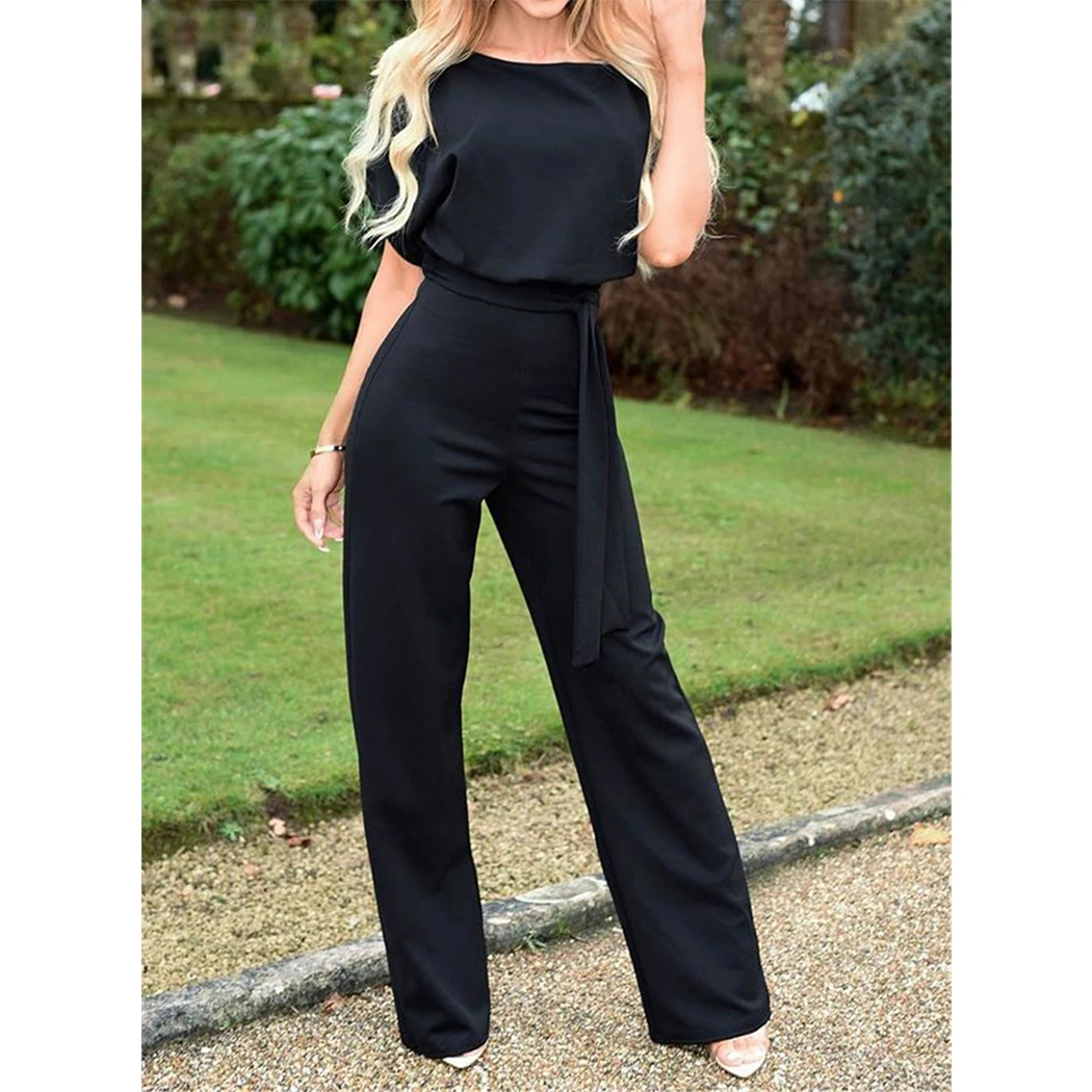 

Fashion Rompers Womens Jumpsuit Elegant Short Sleeve Lace Up Pants Long Jumpsuits Summer Office Ladies Overalls Belt Bodysuit