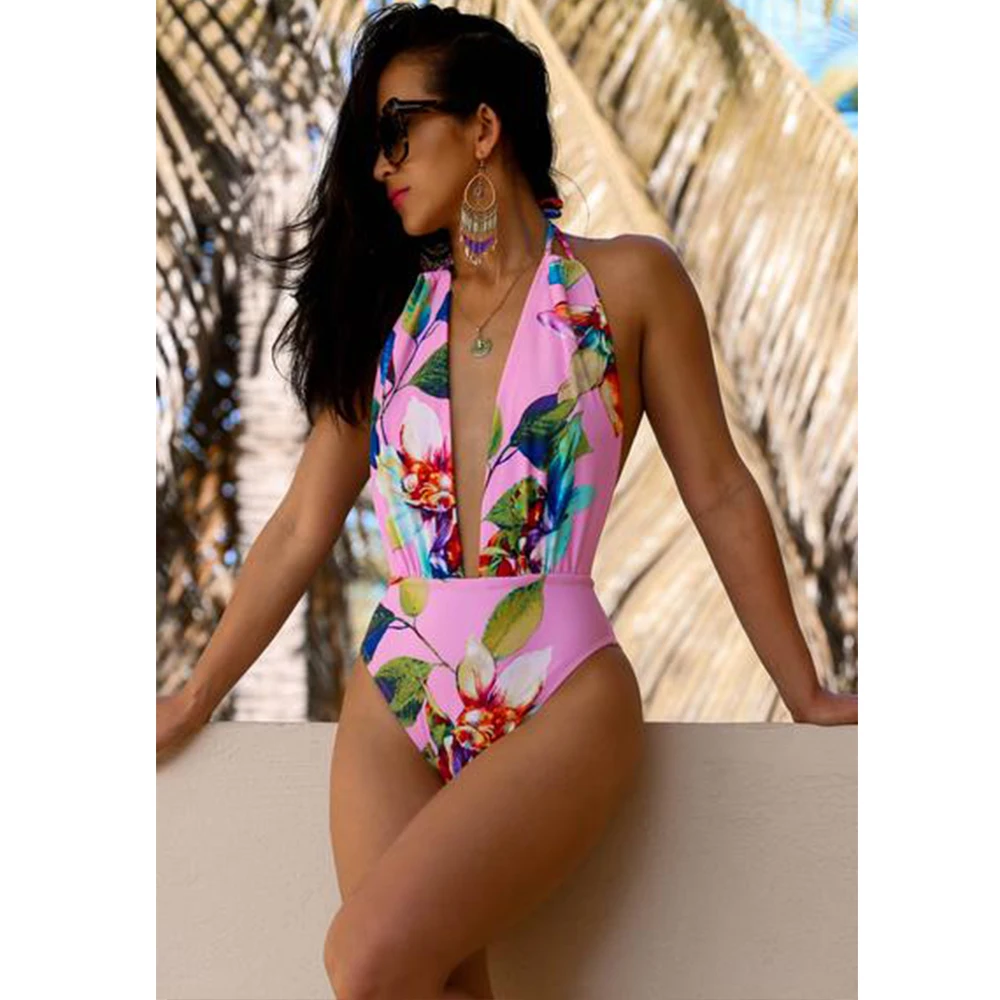 

Bikini 2019 Summer Push Up Swimsuit Brazilian Print Floral One Piece Swimwear Deep V Neck High Waist Female Beach Fashion D35