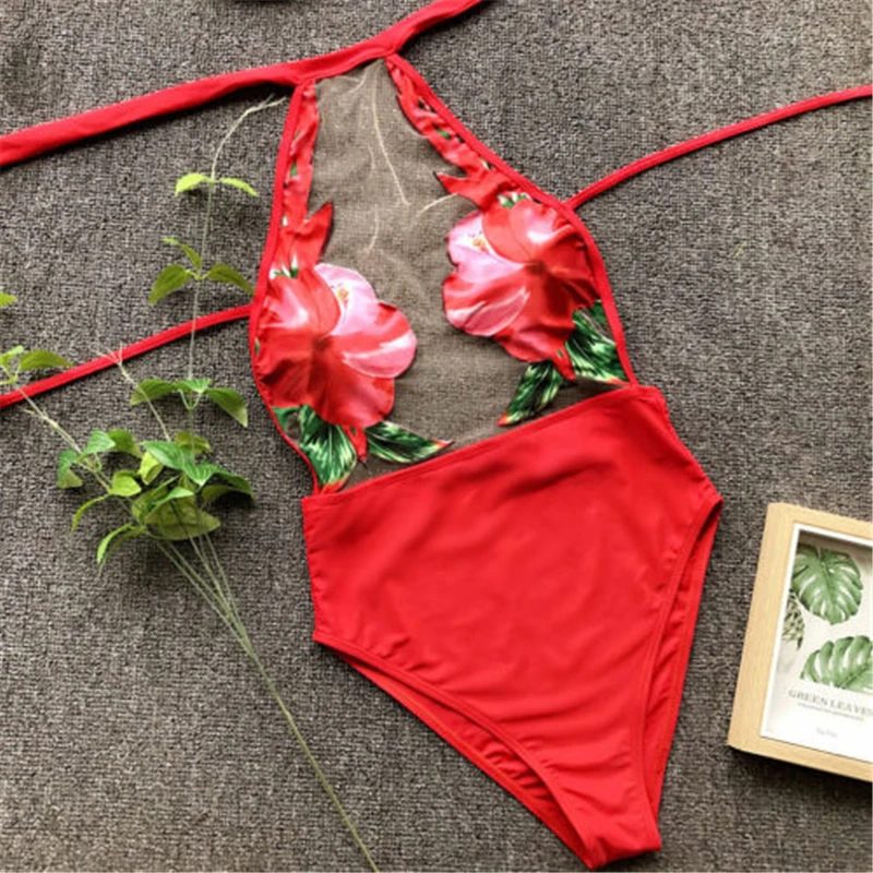 

2019 New Women's One Piece Beach Swimsuit Swimwear Bathing Monokini Push Up Padded Bikini Flower Embroidery Mesh Beach Wear