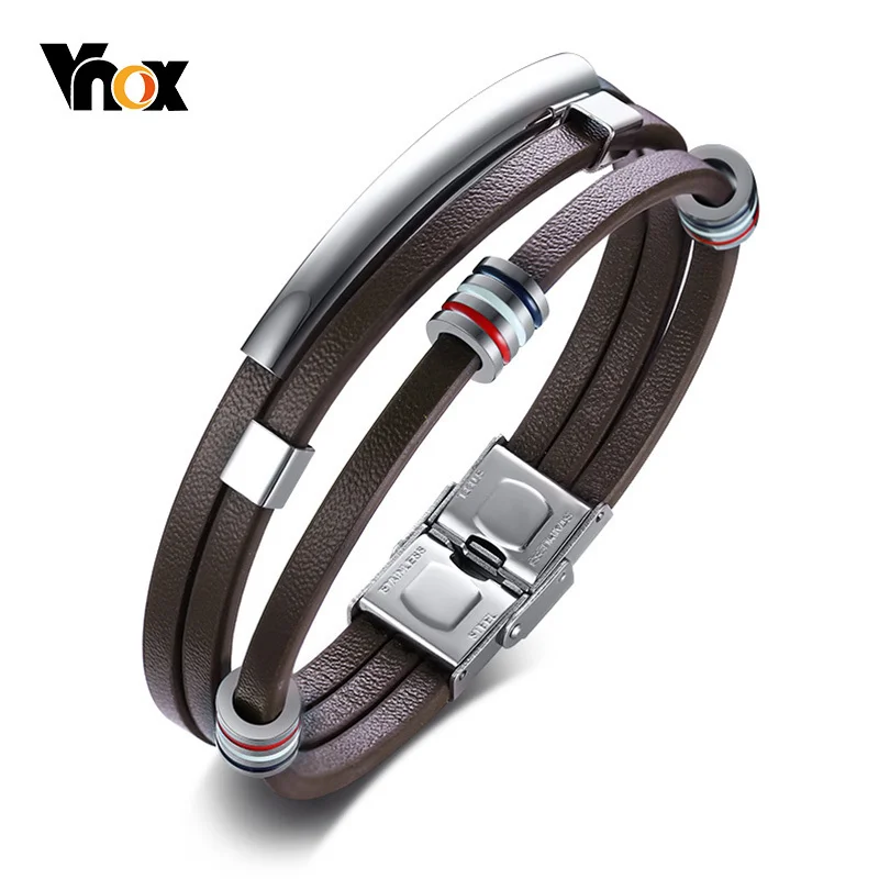 

Vnox Men's Genuine Leather Multilayer Bracelet Stainless Steel Charm Bracelets Bangles Male Gifts Accessories