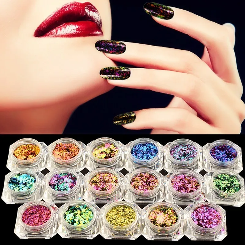 

BeautyBigBang 2PCS 0.1g Chameleon Effect Flake Nails Accessories Sequins Mirror Powder Chrome Pigment Glitter Nails Art