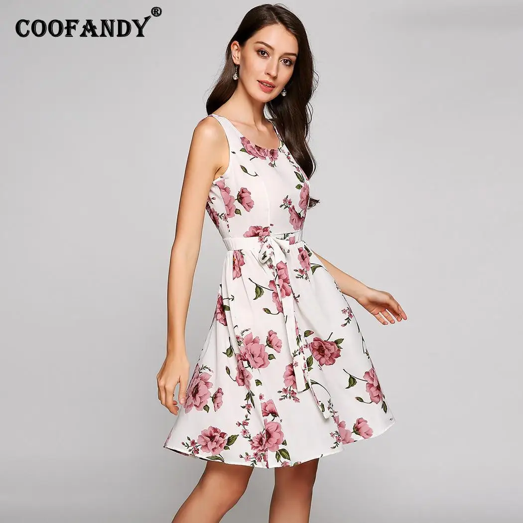 

61cm Neck Waist A-Line Color Hip 91cm 90cm Women Dress Height Floral Belted Bust Sleeveless 179cm Scoop Casual Contrast