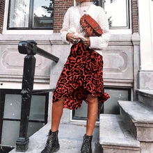 Женская юбка с леопардовым принтом миди тонкая юбка с оборками с завышенной талией облегающая юбка