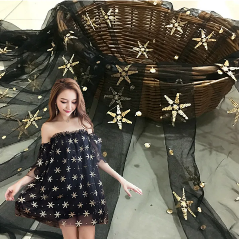 

Gauze Lace Three-dimensional Embroidery Clothing Cloth Golden Snow Five Stars Embroidered Black Suit-dress Skirt Cloth