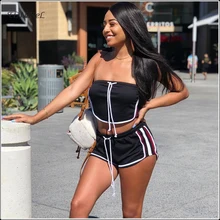 Women Crop Tops Shorts 2 Two Piece Sets Casual Drawstring Strapless Tube Top Hot Mini Shorts Side Striped Sport Fitness SET'S Women Crop Tops Shorts 2 Two Piece Sets Casual Drawstring Strapless Tube Top Hot Mini Shorts Side Striped Sport Fitness SET'S