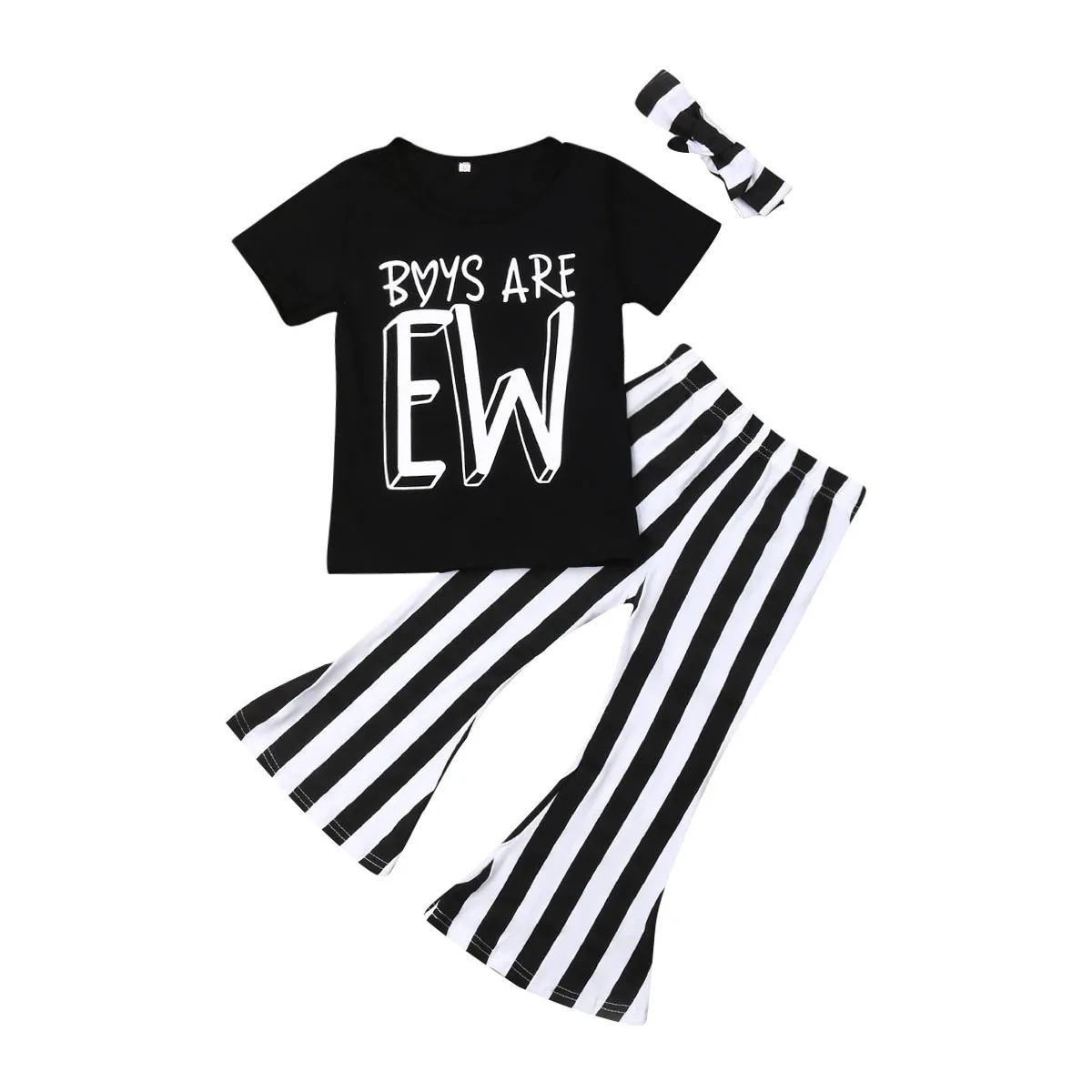 

2019 Kids Baby Girl Boys Are EW Print Tops Striped Long Pants 3Pcs Sunsuit Outfit Set