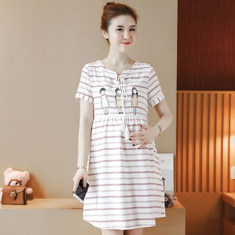 

2019 summer long loose pregnant woman cotton linen shirts short sleeve v-neck striped fashion printed maternity blouse wholesale