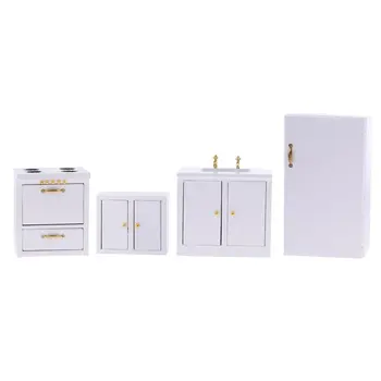 

4pcs 1:12 Scale Dollhouse Kitchen Furniture Wooden Fridge Stove Wall Cabinet Miniature Doll House Accessories Decoration Toys