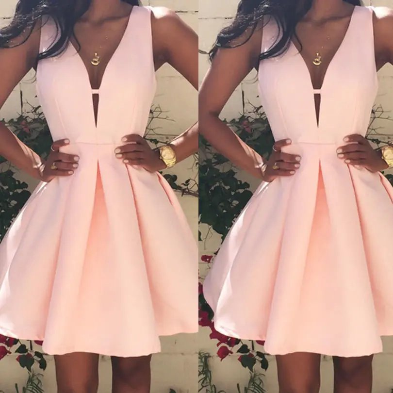Women Summer Sexy Sleeveless V-Neck Mini Dress Ladies Solid Evening Party Formal Dresses