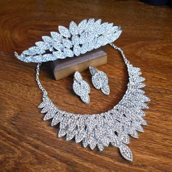 

Princess Leaf Wedding Jewelry Set Crown Necklace Earrings Bridal Rhinestone Jewllery Sets Women Hair Accessories