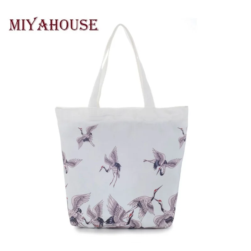 

Miyahouse Crane Women Canvas Printing Handbag Large Capacity Girl Shopping Bag Summer Casual Wild Zipper Beach Bag Female