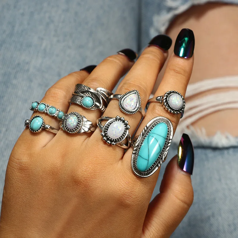 

Gothic Round Water Drop Green Opal Stone Ring Set Retro Silver Carved Finger Knuckle Ring for Women 8pcs/set fashion Jewelry