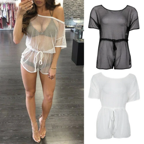 Casual Mesh Sheer Cover-Ups Summer Women Bikini Fishing Net Swimwear Short Sleeve Ladies Beachwear Solid Suit Waistband Cover-Up bikini cover up pants