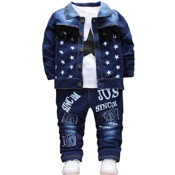 

2020 Real Fashion Unisex Full Solid Turn-down Collar Regular Coat Small Children Spring New Korean Cowboy Suit Three Sets