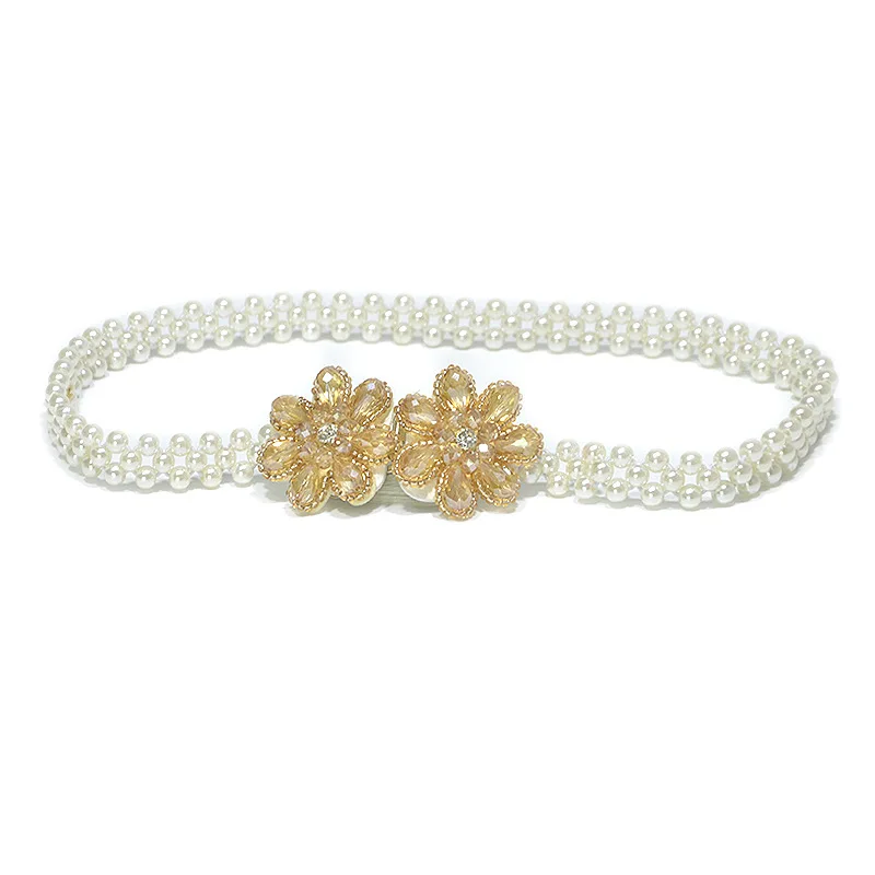 

2019 Elegant Luxury Lmitation Pearls Belt for Women Gold Crystal Flower Buckle Elastic Thin Waist Belts Ladies Dress Waistband
