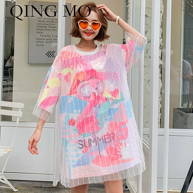 

QING MO Women Lovely Rabbit Printing Dress Patchwork Mesh Dresses Women Three Quarter Above Knee Mini Dress ZQY322