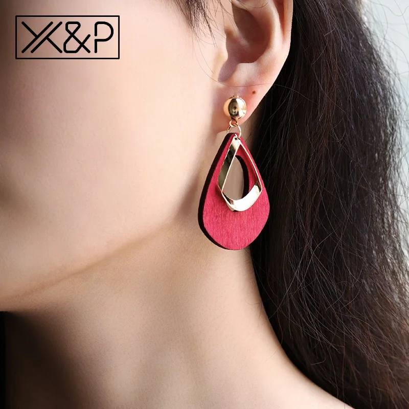 

X&P Geometric Wood Drop Earrings for Women Fashion Korean Vintage Statement Metal Small Triangle Dangle Earring Jewelry