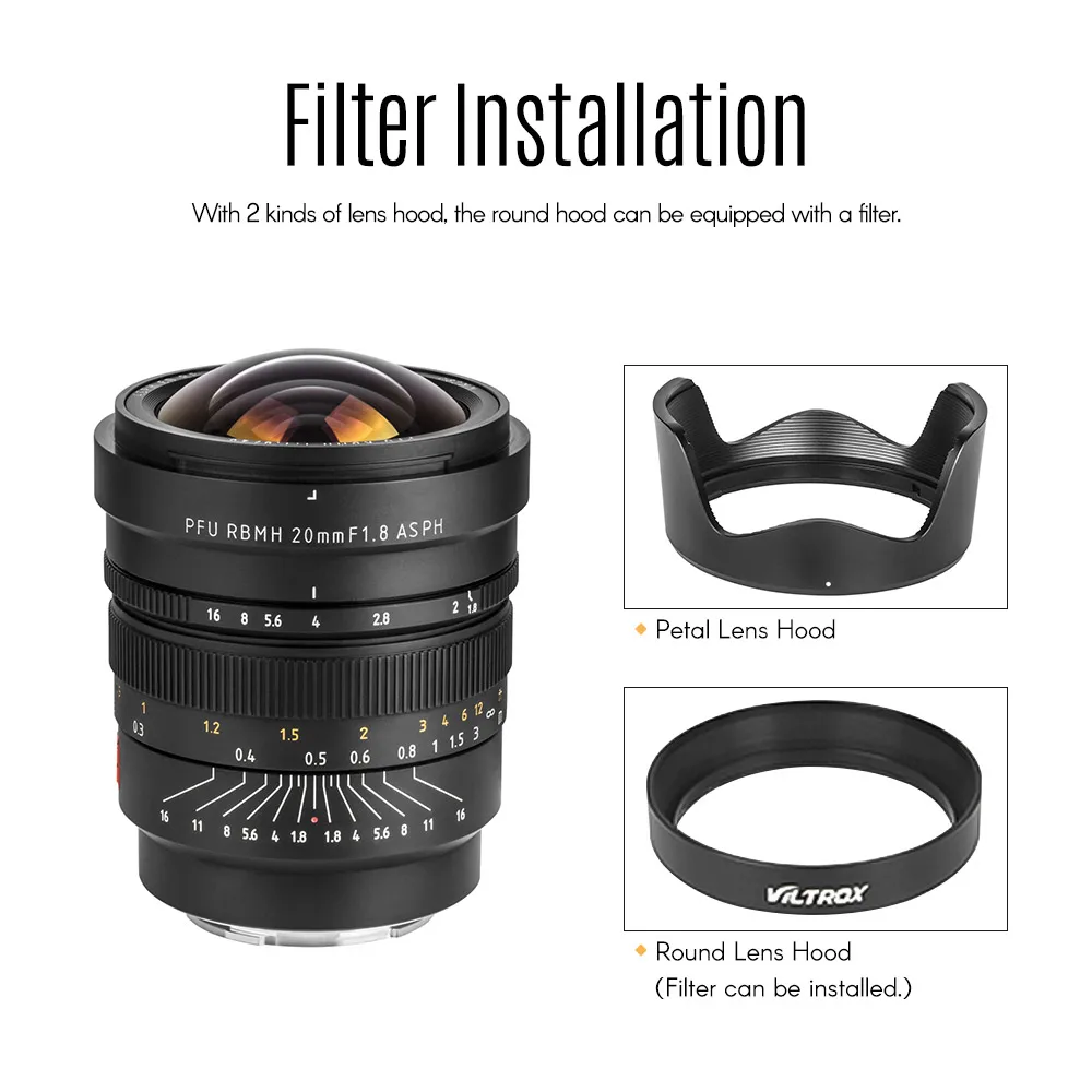 VILTROX Полнокадровый широкоугольный объектив FE-20mm/F1.8 E-mount MF для sony E-Mount камер sony A7 серии A6300 A6500 A6000 NEX5