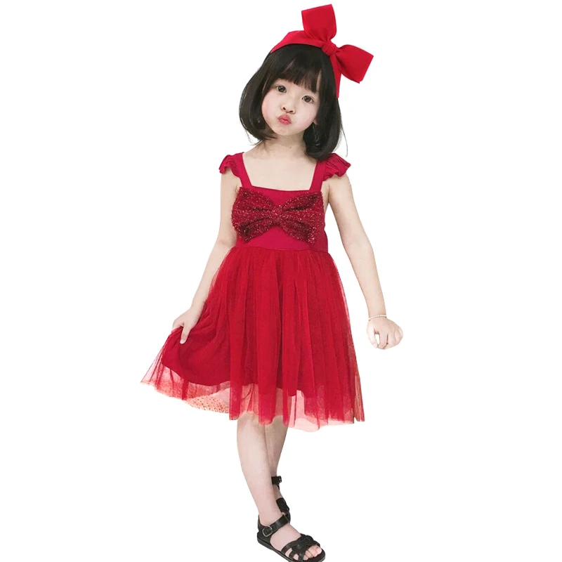 

red shine tulle dress age for 2- 8 yrs little girls christmas clothes 2019 summer sleeveless cute bow tutu ball gown baby frocks