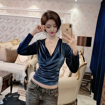 

New Pattern Pleuche Sexy Deep V Lead Long Sleeve Upper Garment T Shirt Women