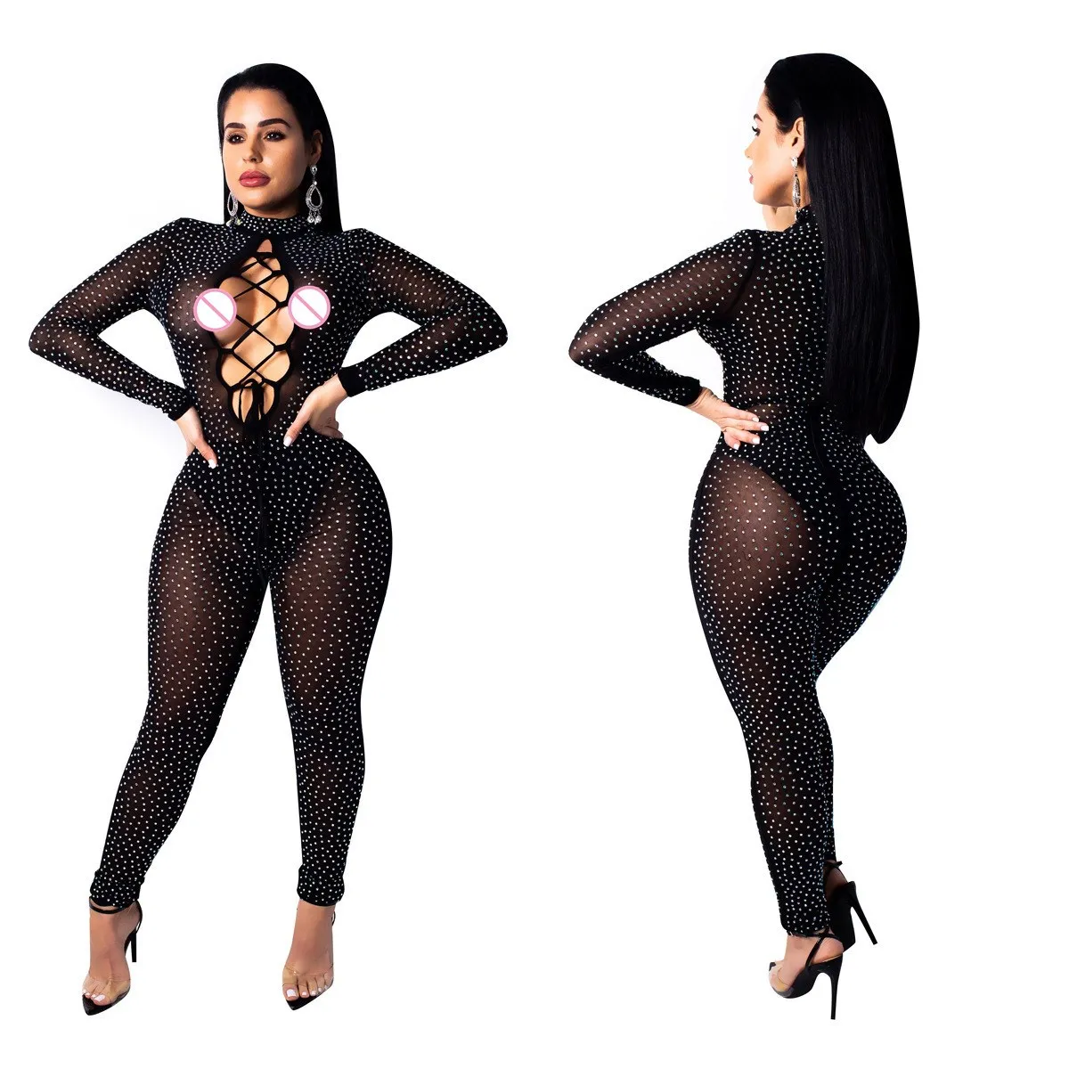 2019 Fashion Rhinestone Mesh Jumpsuit Women Long Sleeve Hollow Out Lace Up Sexy Jumpsuits Skinny Casual Party Long Romper 2019 Fashion Rhinestone Mesh Jumpsuit Women Long Sleeve Hollow Out Lace Up Sexy Jumpsuits Skinny Casual Party Long Romper