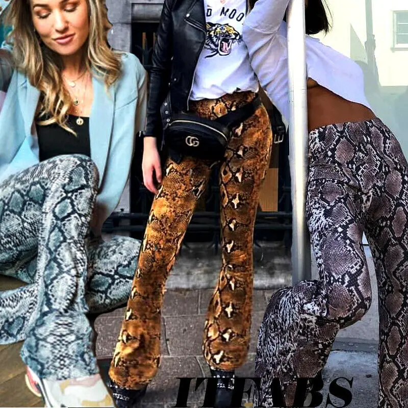 

New Arrival Women High Elastic Waist Bell Bottom Long Trousers Snake Skin Skinny Flare Soft Pants Leopard