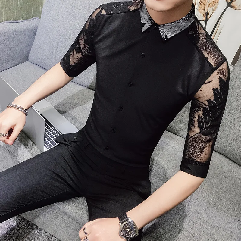 2019 модная Сексуальная кружевная рубашка мужская Camisa Masculina Повседневное платье