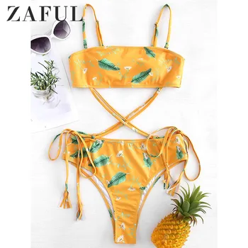 

ZAFUL Flower Leaf Print Summer Women Swimsuits Bandeau Strap Bikini Sets Beach Casual Bathing Suit Biquni Maillot De Bain