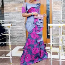 Летние оборками Цветочный принт Длинные вечерние платья ретро вечерняя сумочка в африканском стиле; Винтаж Сетчатое облегающее Falbala размера плюс Для женщин макси платье
