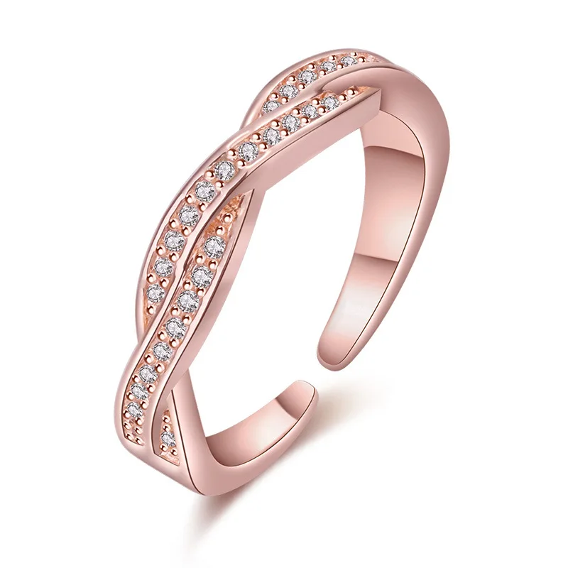 Trendy Fashion Rings Plated Cubic Zircon Small Jewel for Women Twisted Adjustable Cuff Ring Wedding Girl Rose Gold Color | Украшения и