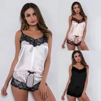 

Hot Sexy Women Lace Silk Satin Pajamas Sets Lingerie Shorts Babydolls Nightwear Female Tops+Shorts 2Pcs Sleepwear