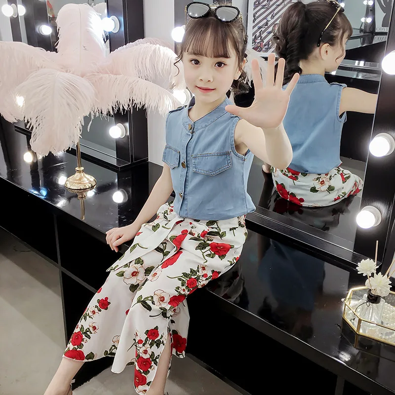 

sleeveless denim tops+floral print loose pants L4.9