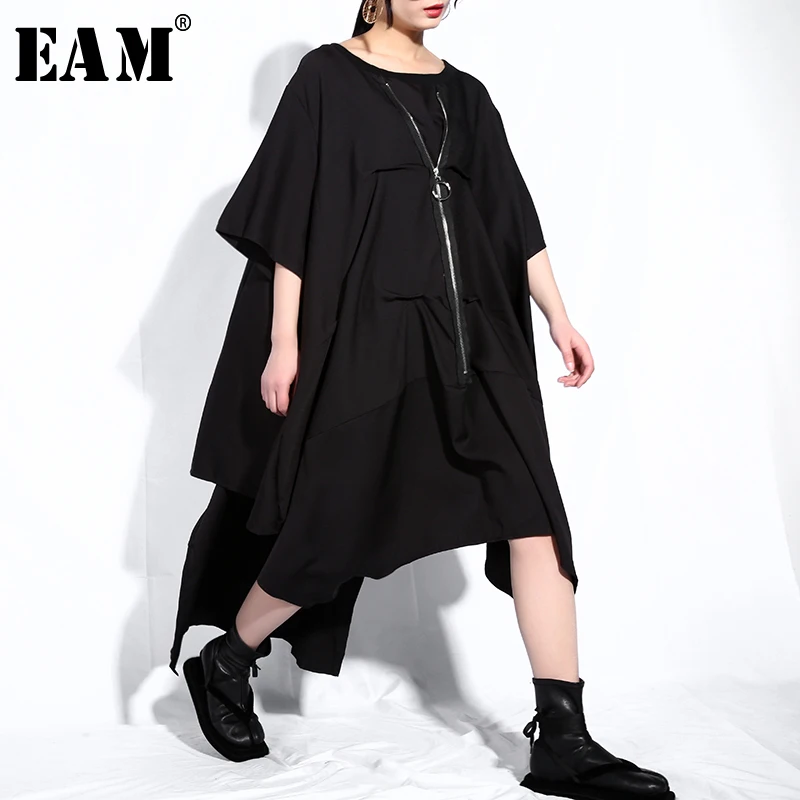 

[EAM] 2019 New Spring Summer Round Neck Short Sleeve Back Drawstring Zipper Big Size Irregular Dress Women Fashion Tide JQ357