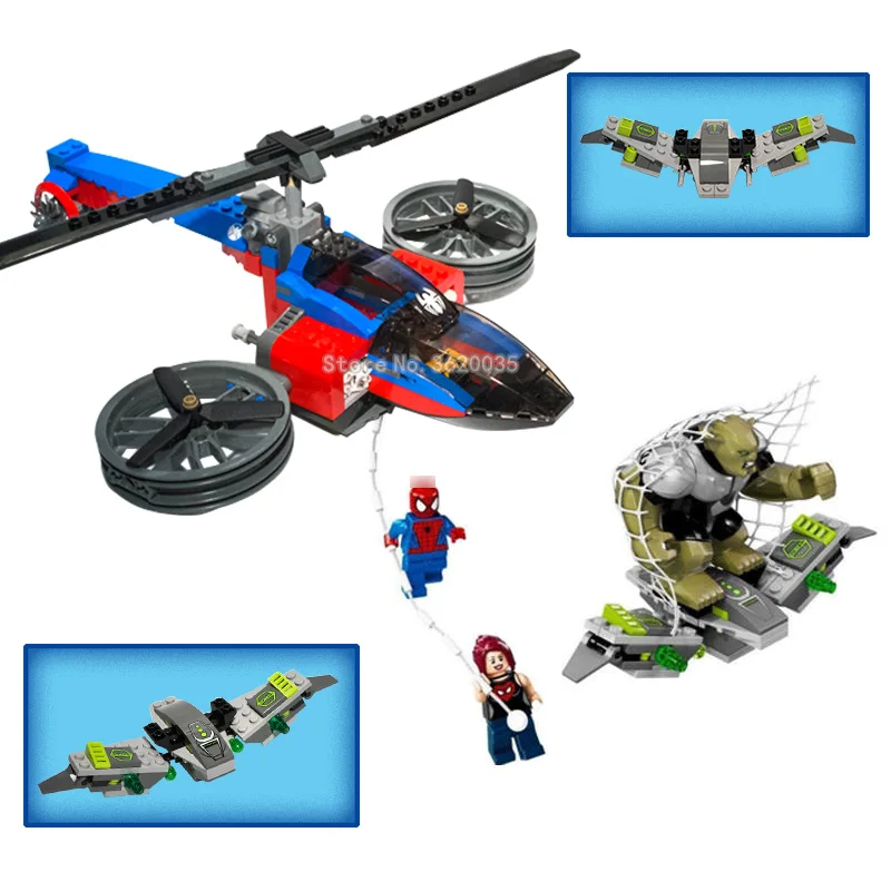 With Legoinglys Super Hero Spiderman Equipment Helicopter Building Blocks Weapons Spidermans Figures Giving gifts to children With Legoinglys Super Hero Spiderman Equipment Helicopter Building Blocks Weapons Spidermans Figures Giving gifts to children