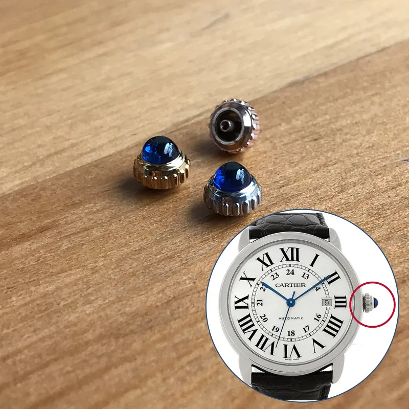 Синий сапфировый кристалл + Стальная корона для Cartier Ronde 42 мм Оригинальные