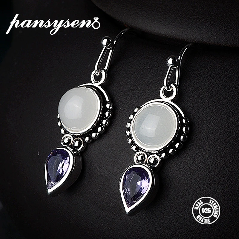 

PANSYSEN Top Quality Created Moonstone 925 Silver Jewelry Drop Earrings For Women Vintage Fine Party Anniversary Gift Wholesale