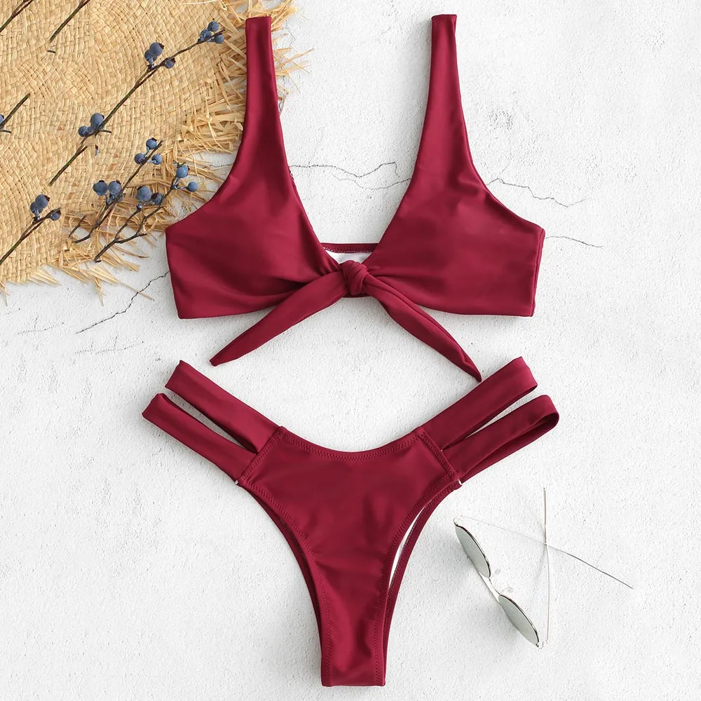 

ZAFUL Bikini Set 2019 Tie Front Cutout Sexy Thong Bikini Solid Neck Swimwear Women Swimsuit Summer Beachwear Biquini Femal